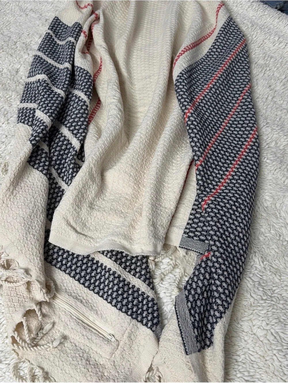 Sand cloud 100% organic Striped Cotton Throw Blanket in Cream, Navy and Red